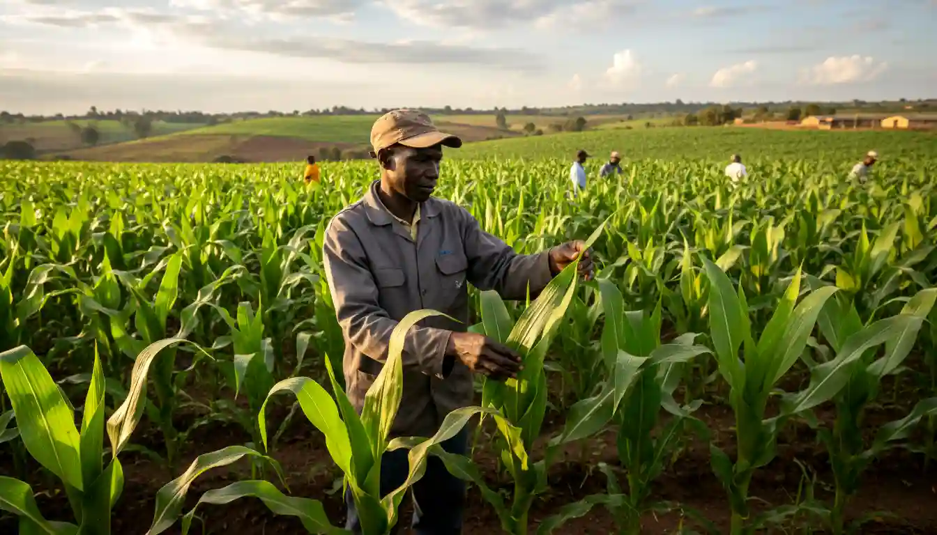 A farmer inspecting healthy green maize stalks in a vast agricultural field
