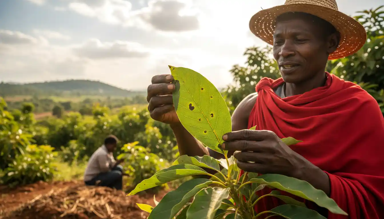 Top 10 Hass Avocado Diseases in Kenya: Causes, Symptoms & Treatment Guide (2026) 5 Farmer inspecting Hass avocado leaves for anthracnose spots