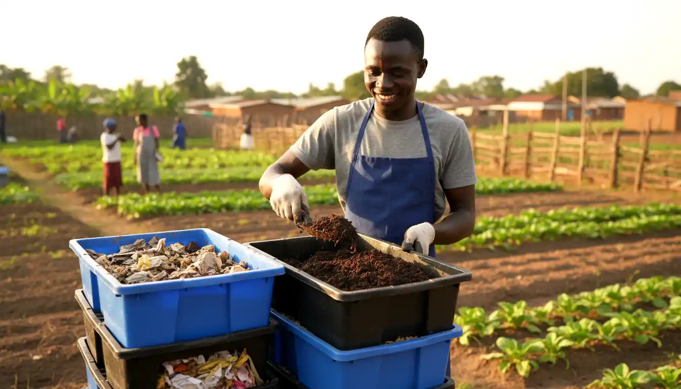 How Kenyan Farmers Can Make Free Fertilizer from Kitchen Waste at Home 5 Harvesting dark rich vermicompost from a layered plastic bin