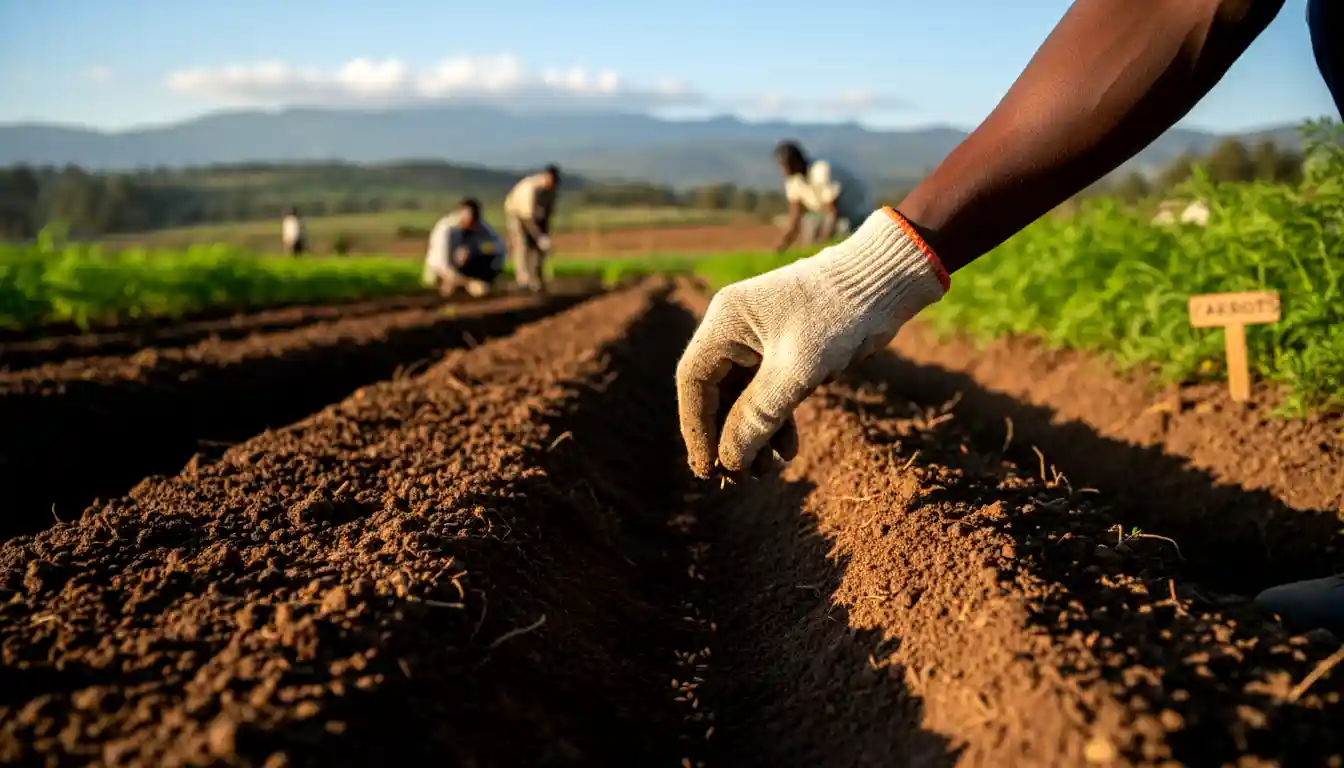 A close-up shot of a gloved hand planting carrot seeds in well-tilled