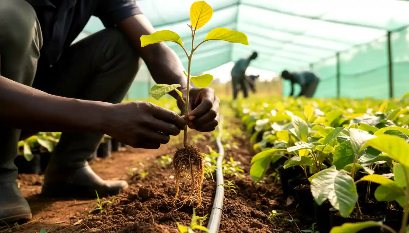 A farmer inspecting the drip irrigation lines and root development of a newly planted grafted kiwi seedling