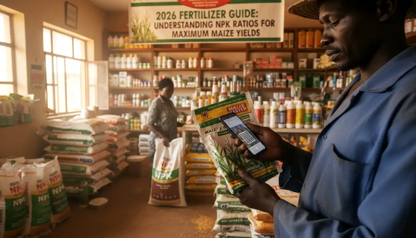 A farmer using a mobile phone to scan a seed packet label inside a well-stocked agricultural supply store