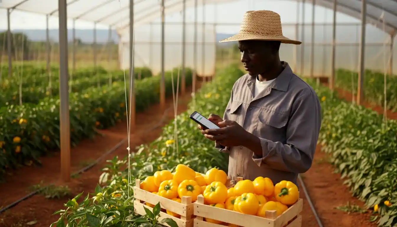 A farmer calculating expenses on a smartphone while standing next to freshly harvested yellow capsicums in crates in Machakos County