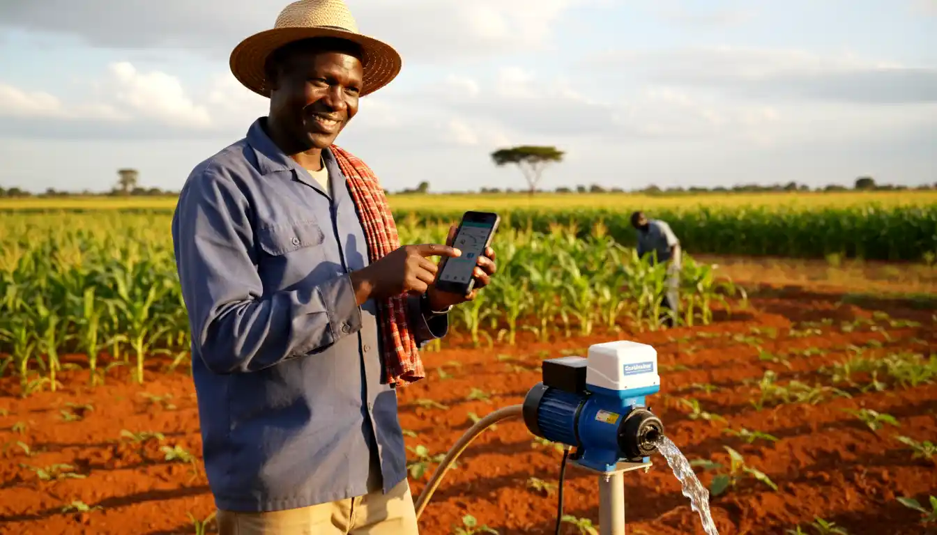 A smiling Kenyan farmer holding a smartphone to check pump status next to a SunCulture RainMaker surface pump in Machakos County