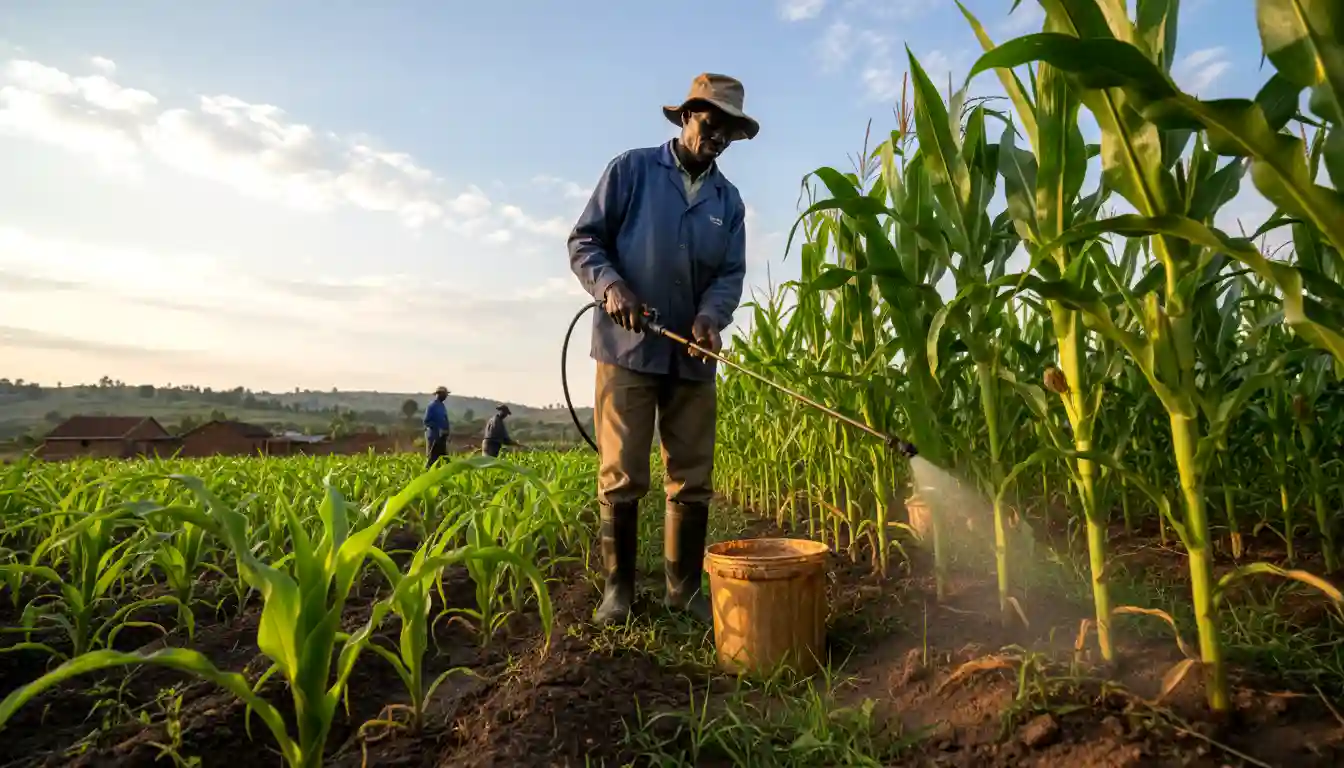 How Kenyan Farmers Can Make Free Fertilizer from Kitchen Waste at Home 6 Applying fresh organic liquid fertilizer directly to healthy maize crops