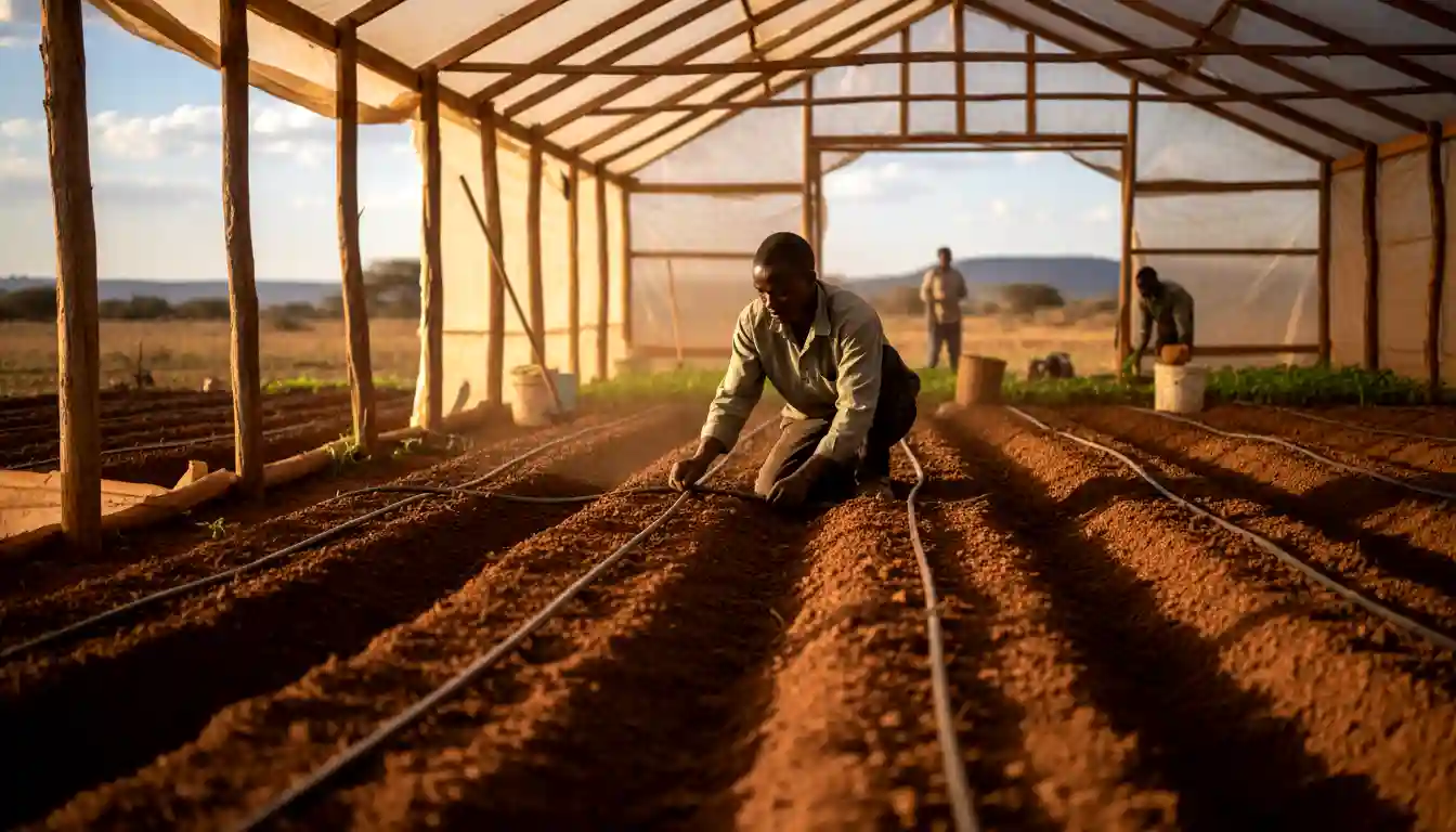 A farmer installing black drip irrigation lines across freshly prepared soil beds inside a wooden greenhouse in Kajiado County