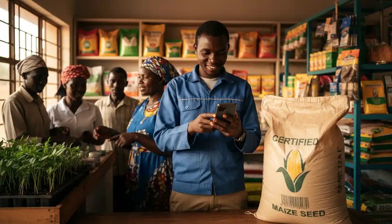A busy agrovet attendant scanning a bag of certified maize seed with a smartphone in Eldoret.