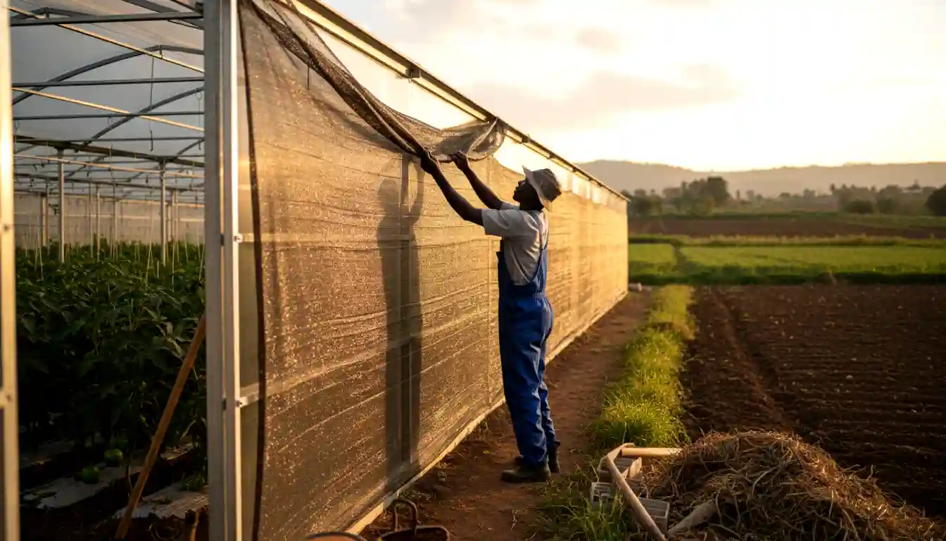 A farm worker adjusting the side ventilation shade nets of a large galvanized steel greenhouse in Nakuru County