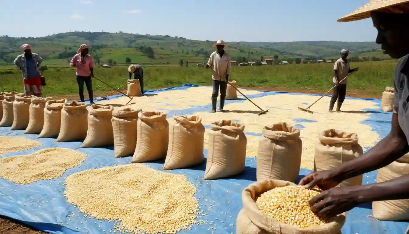 Sacks of harvested maize drying on a large flat tarpaulin under the bright sun
