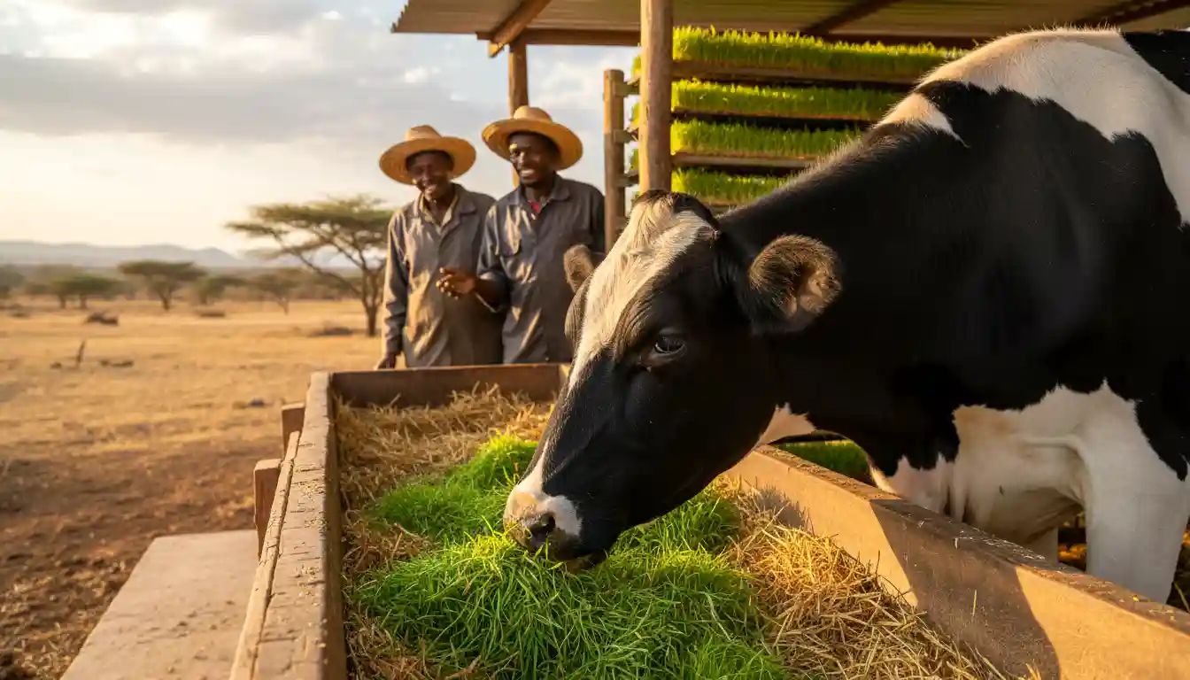 A dairy cow feeding on a mixture of fresh barley sprouts and dry hay in a zero-grazing trough in Kajiado County