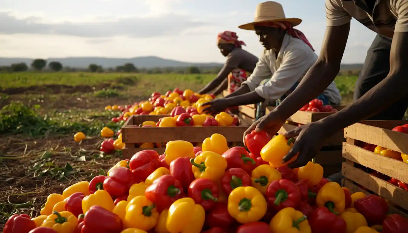 A detailed close-up of harvested yellow and red capsicums being sorted into crates