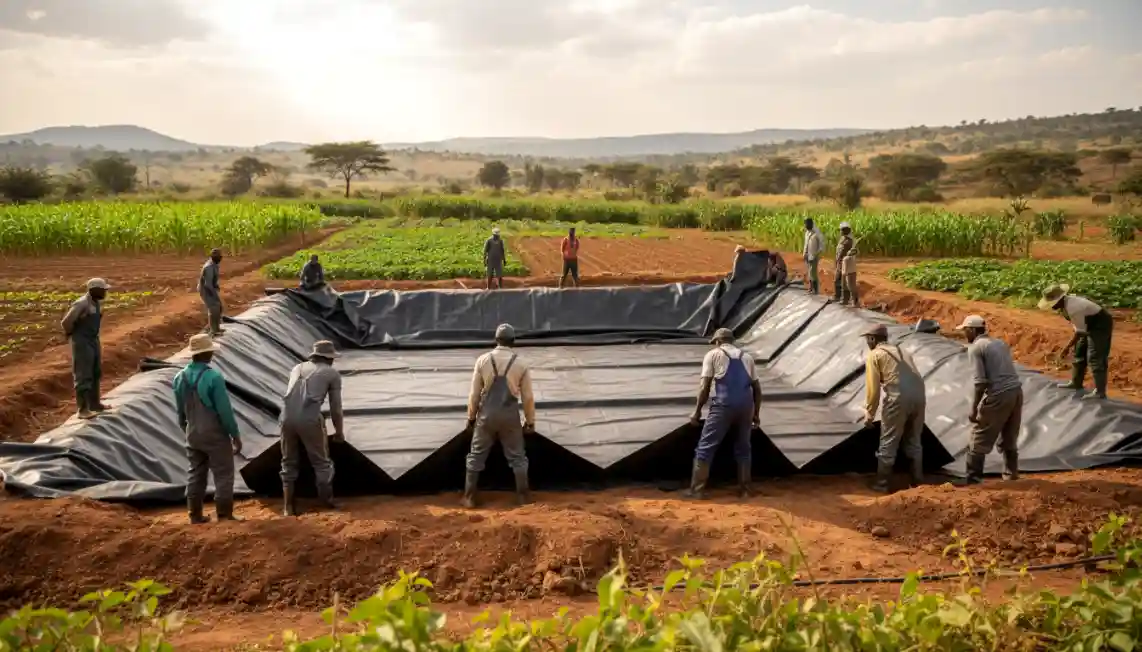 Fish Farming in Kenya 2026 (Pond vs Tank): Which Makes More Money? 3 Workers installing a heavy-duty black liner inside a freshly dug earthen pond at a farm in Machakos