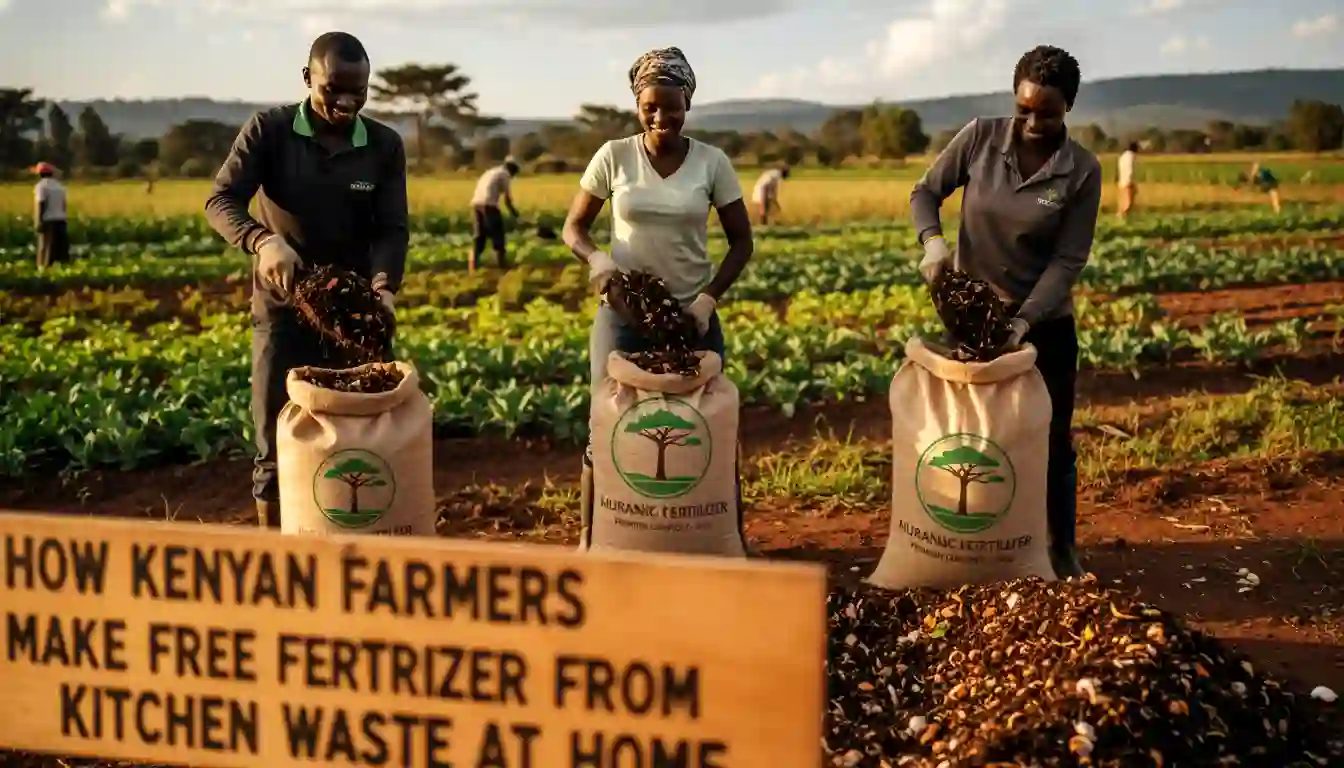 How Kenyan Farmers Can Make Free Fertilizer from Kitchen Waste at Home 7 Packaging premium dark organic compost into neatly branded 50kg sacks