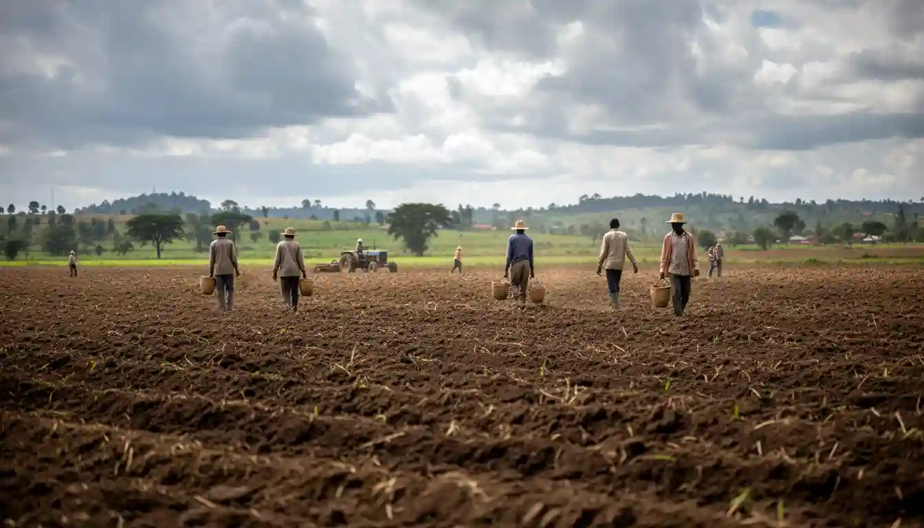 A wide view of a well ploughed farm being prepared for planting under a cloudy sky in Trans Nzoia.