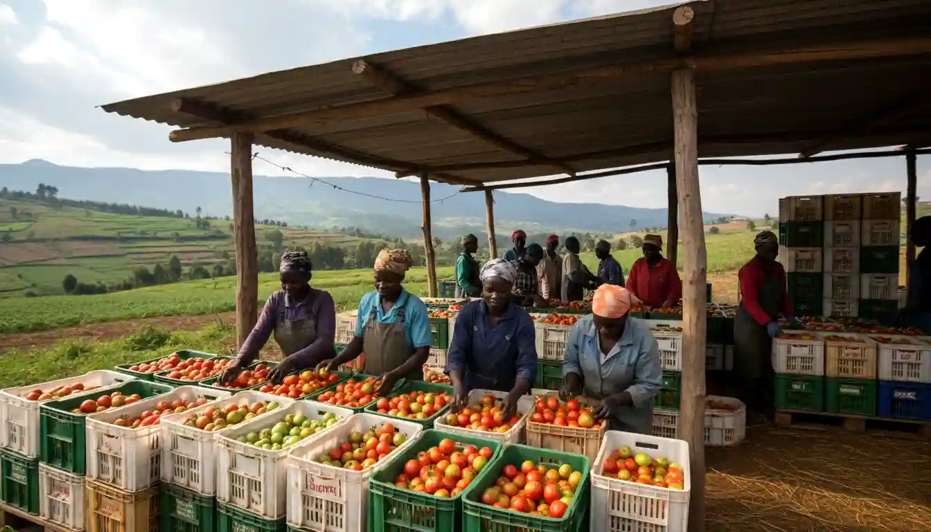 Farm workers carefully packing firm green and red tomatoes into ventilated plastic crates under a shaded collection area in Nyeri County