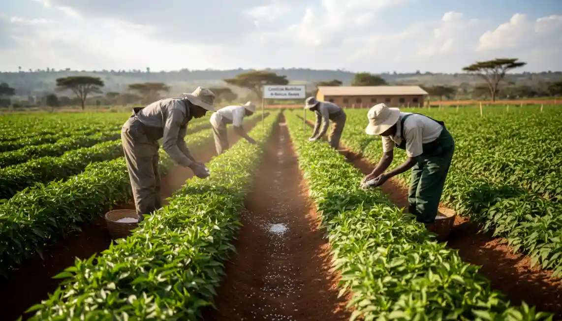 Farm workers carefully applying top-dressing fertilizer to rows of young capsicum plants