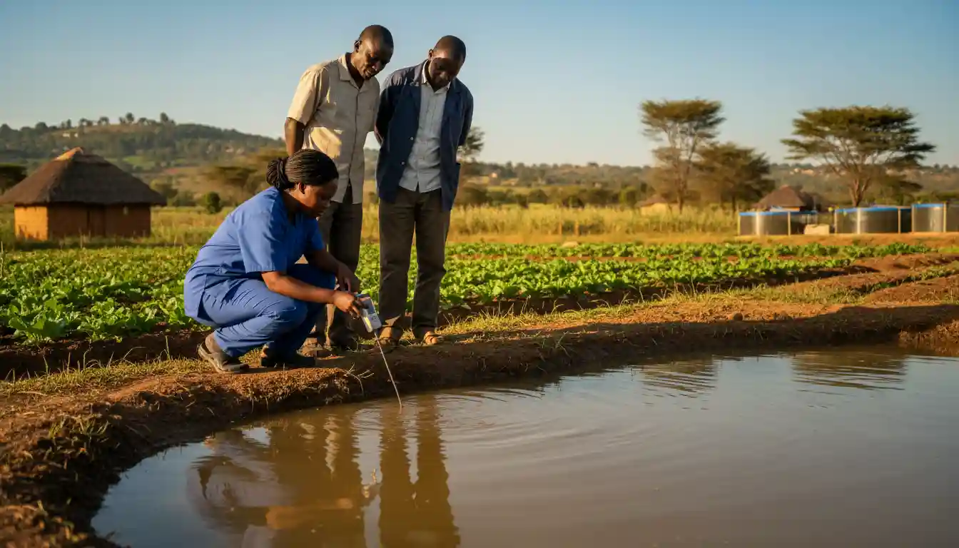 Fish Farming in Kenya 2026 (Pond vs Tank): Which Makes More Money? 6 A veterinarian checking the water quality parameters of an earthen pond using a digital pH meter at an agricultural estate in Nakuru