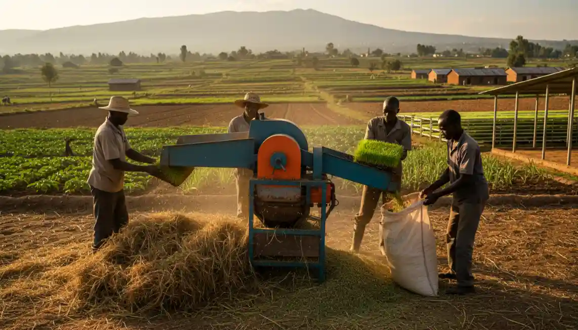 Kenyan farmers processing crops with a motorized machine in a rural field.