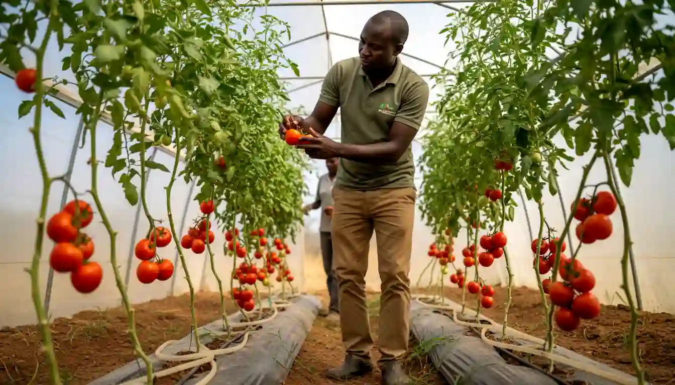 A local agronomist examining ripe red tomatoes on the vine inside a modern drip-irrigated greenhouse