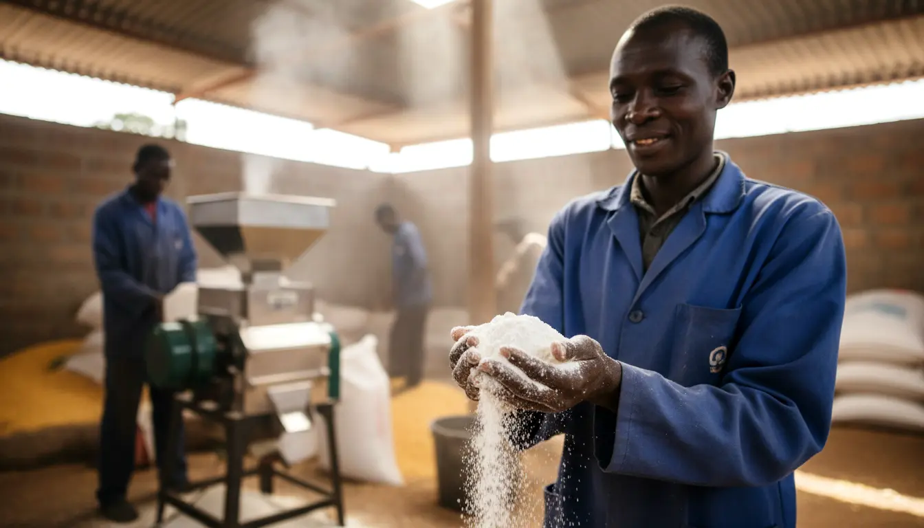 A farmer inspecting a handful of cleanly milled maize flour beside a small commercial posho mill