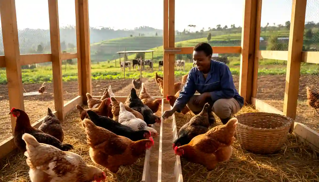 A farm worker feeding Improved Kienyeji chickens with commercial mash inside a clean wooden poultry structure