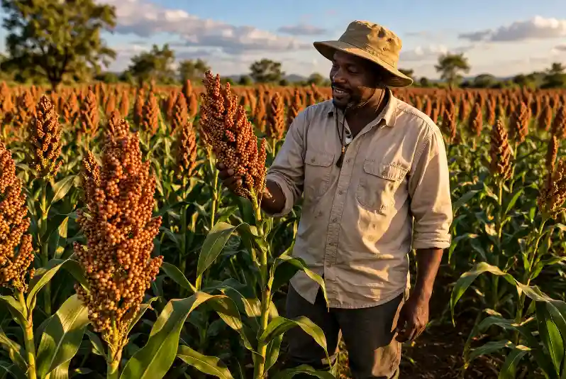 Beyond Maize: 7 Drought-Resistant "Smart Crops" to Plant This Season 3 A smiling farmer in a hat inspects a ripe sorghum stalk in a vast field under a warm sunset sky.