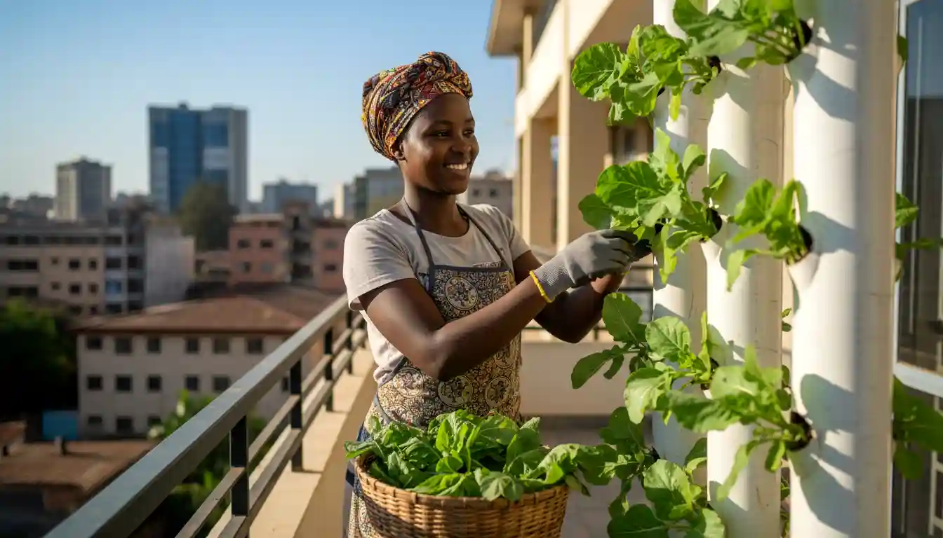 A young female farmer harvesting fresh sukuma wiki from a vertical PVC pipe garden on a sunny balcony in Nairobi