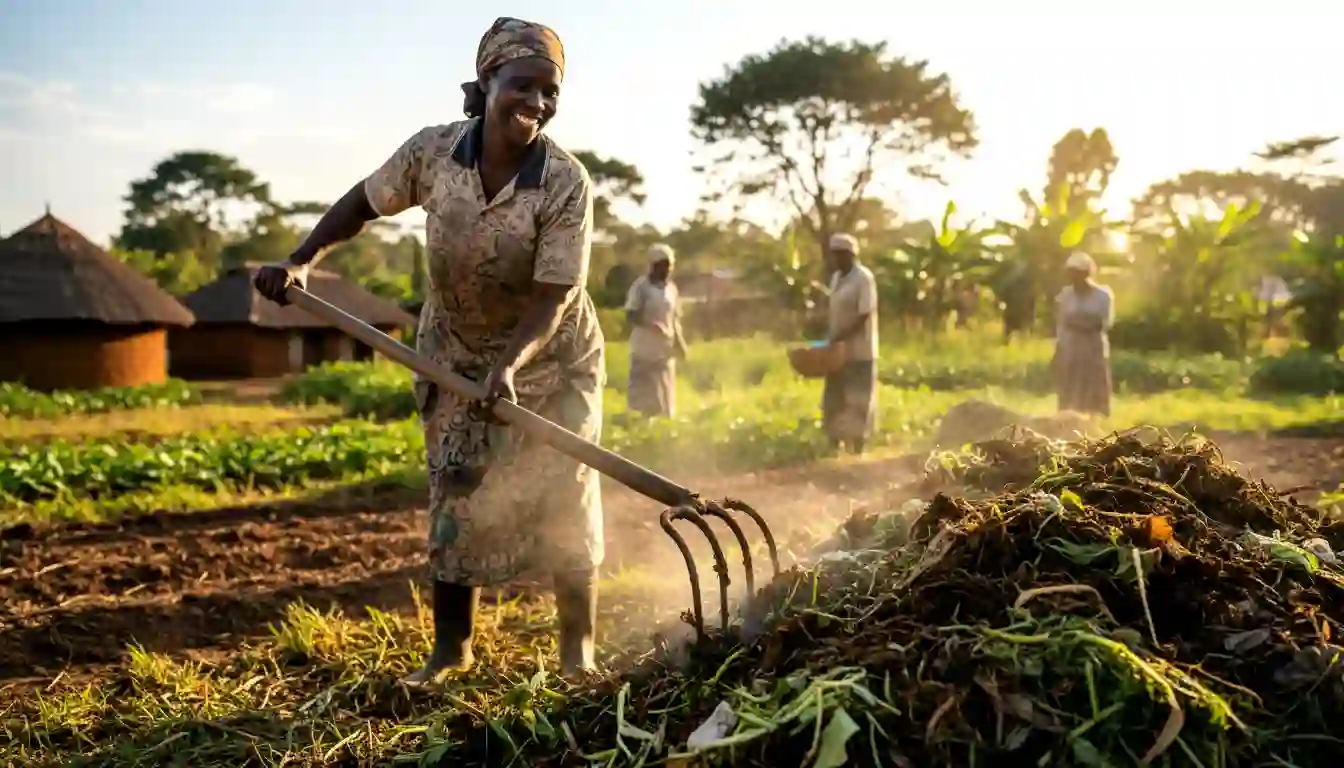 How Kenyan Farmers Can Make Free Fertilizer from Kitchen Waste at Home 4 Turning an active organic compost pile with a heavy pitchfork