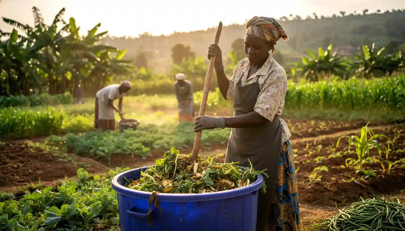How Kenyan Farmers Can Make Free Fertilizer from Kitchen Waste at Home 3 Mixing raw vegetable scraps into a large plastic compost bin