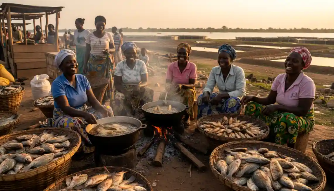 Fish Farming in Kenya 2026 (Pond vs Tank): Which Makes More Money? 5 Women deep-frying freshly harvested tilapia over an open fire at a busy local fish market in Homa Bay