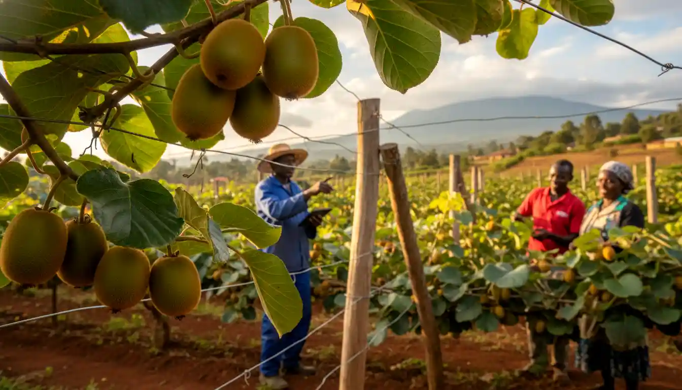 Close up of healthy green Hayward kiwi fruits hanging from a sturdy wire trellis system