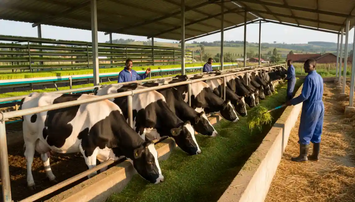 Dairy cows feeding on fresh green fodder at a modern agricultural facility in Kenya.