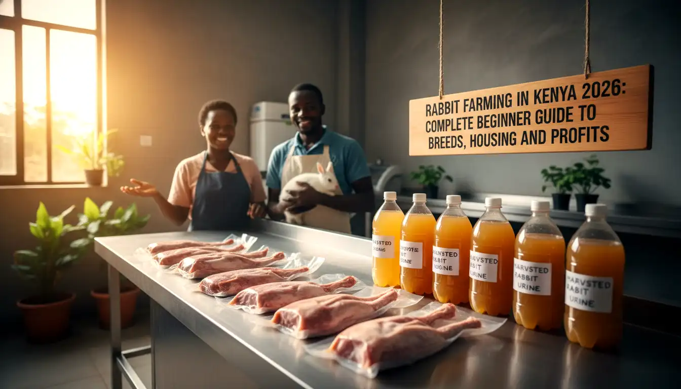 Packaged raw rabbit meat displayed on a clean butchery counter next to bottles of harvested rabbit urine