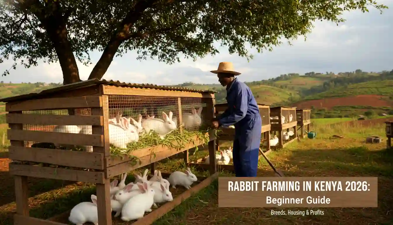 A farmer inspecting healthy New Zealand White rabbits in a raised wooden hutch
