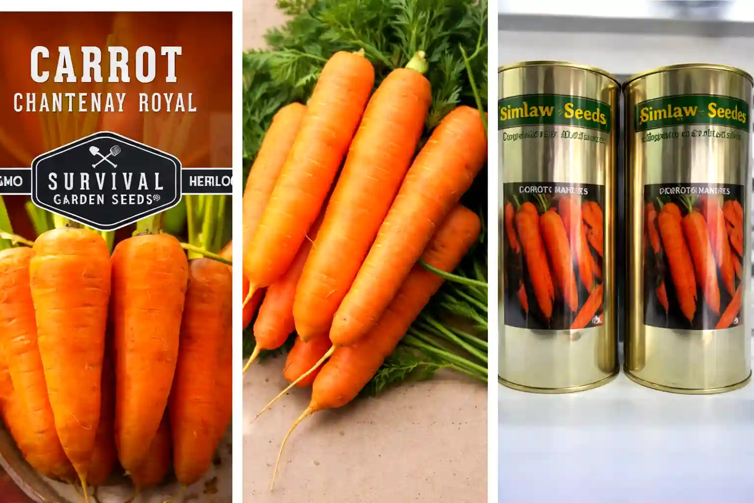 Chantenay Royal carrot seed packet, fresh orange carrots with green leaves, and two Simlaw Seeds carrot seed tins.