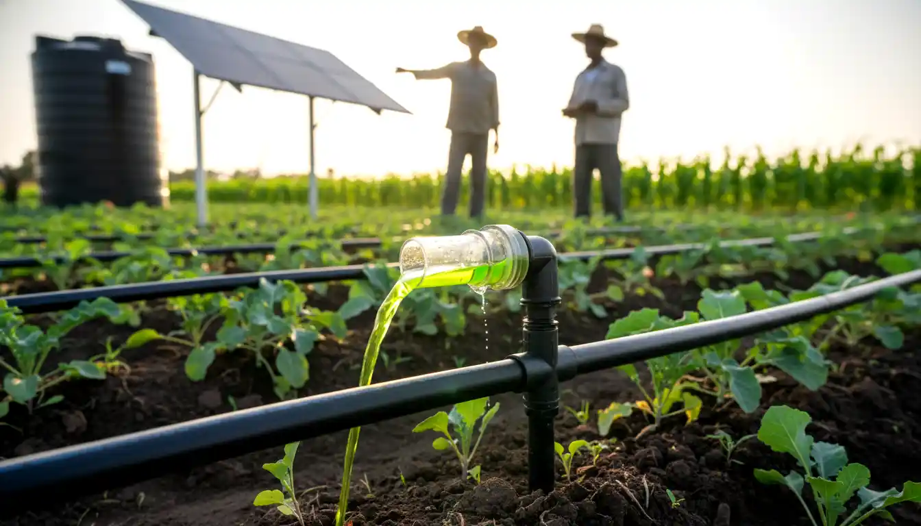 Close up of water mixed with green soluble fertilizer flowing through a transparent venturi injector connected to black drip irrigation pipes.
