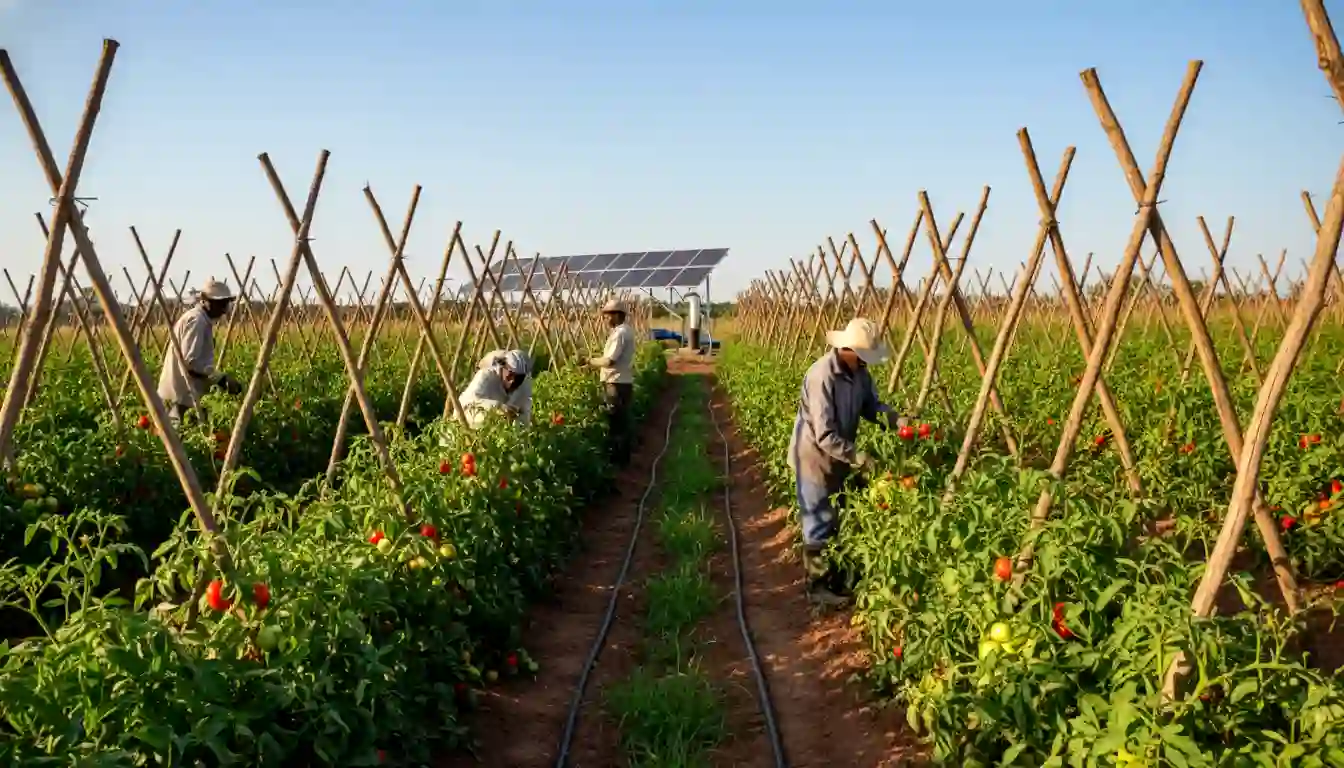 Wide angle view of healthy green tomato vines growing on trellises under a clear blue sky