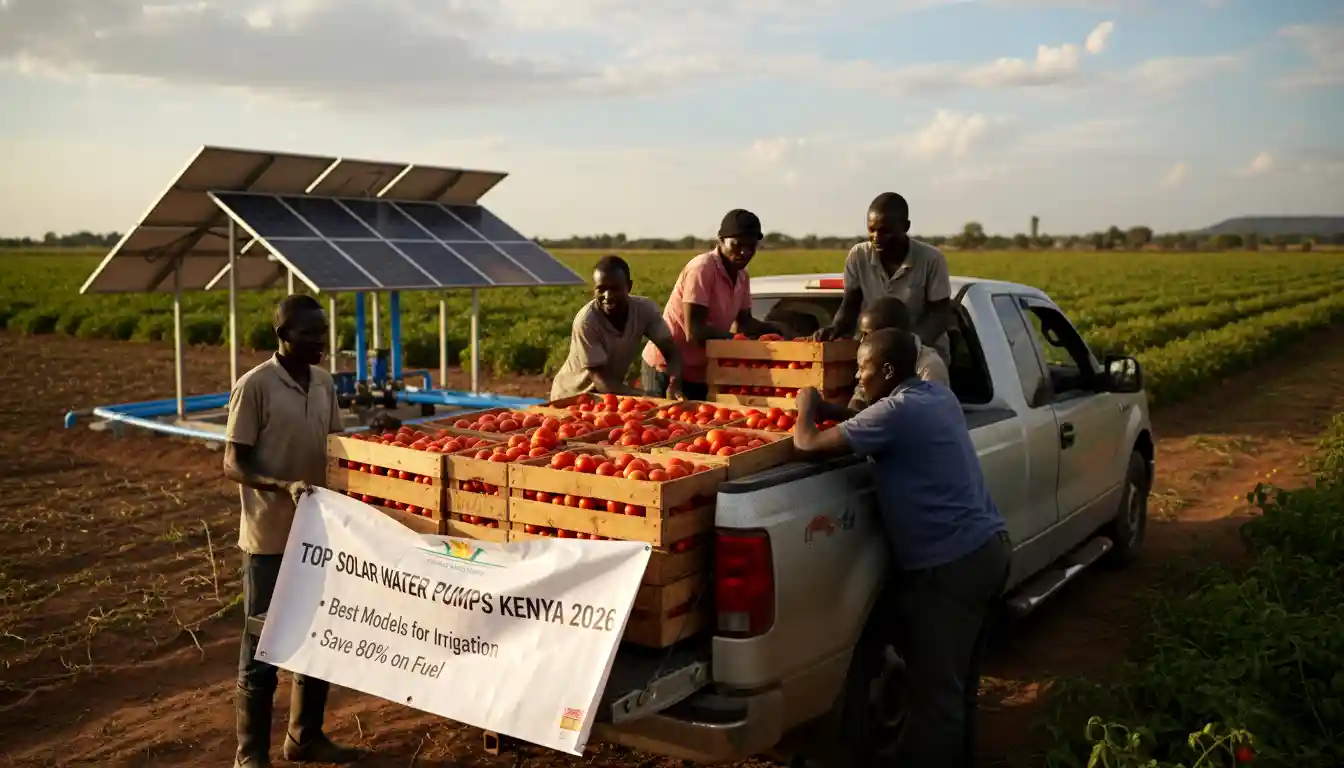 A farm worker loading crates of freshly harvested red tomatoes into the back of a pickup truck in Kajiado County