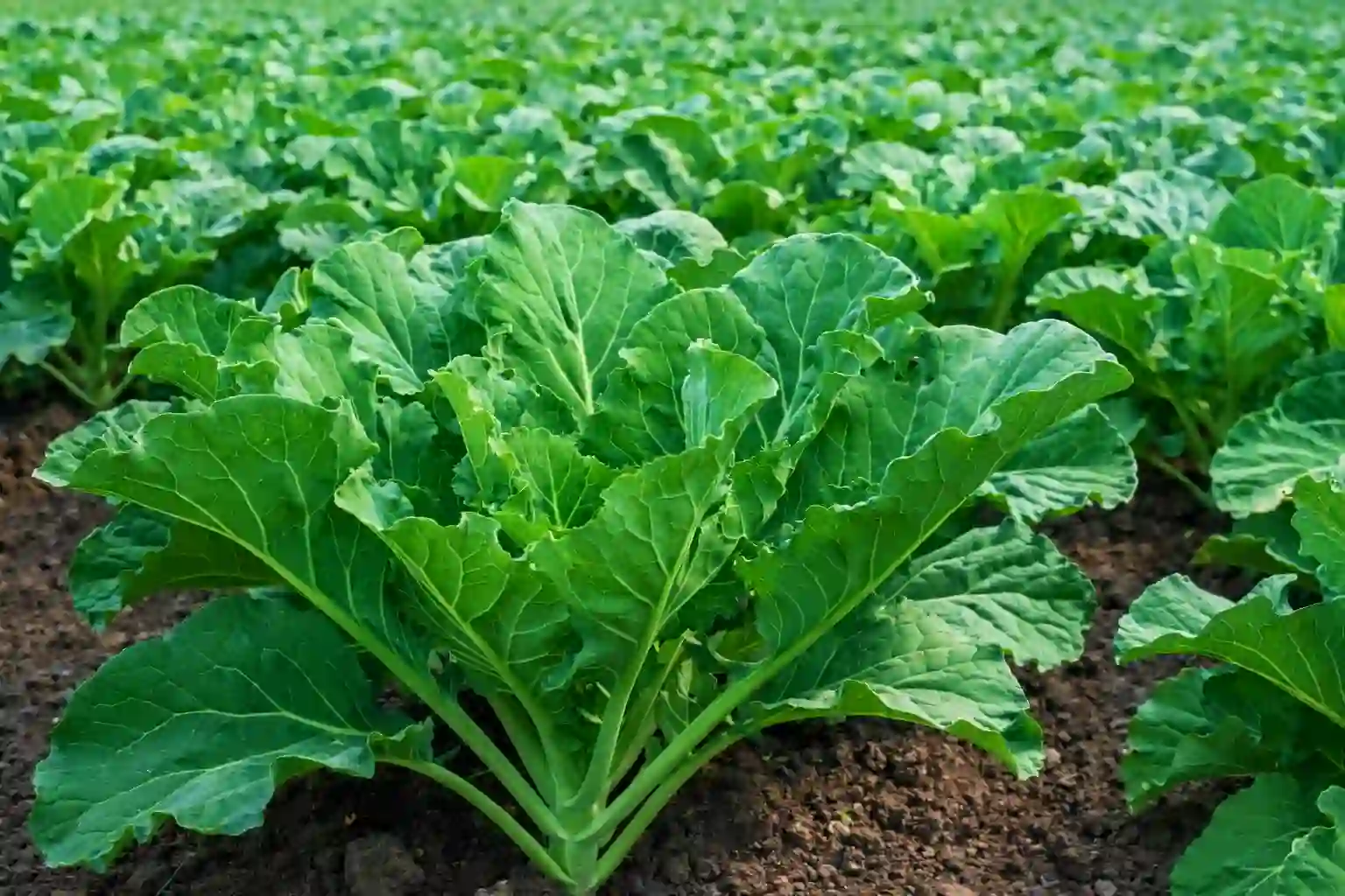 Close-up of healthy sukuma wiki (collard greens) with vibrant green leaves growing in rich soil, with a large leafy green farm stretching into the background under natural daylight.