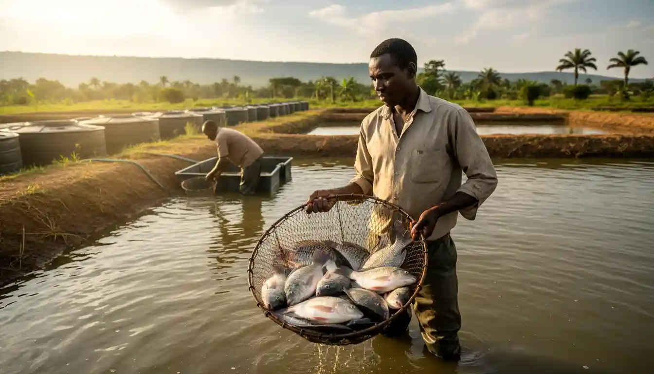 Fish Farming in Kenya 2026 (Pond vs Tank): Which Makes More Money? 2 A farmer inspecting a healthy catch of mature Nile Tilapia in a hand net at a fish farm in Kisumu