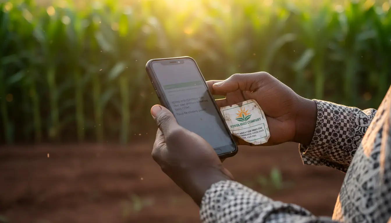 Kenya Seed Company Price List 2026 (Maize, Grass & Crop Seeds Prices in Kenya) 5 A person holds a smartphone and a Kenya Seed Company label in a sunlit cornfield, illustrating the integration of digital tools in farming.