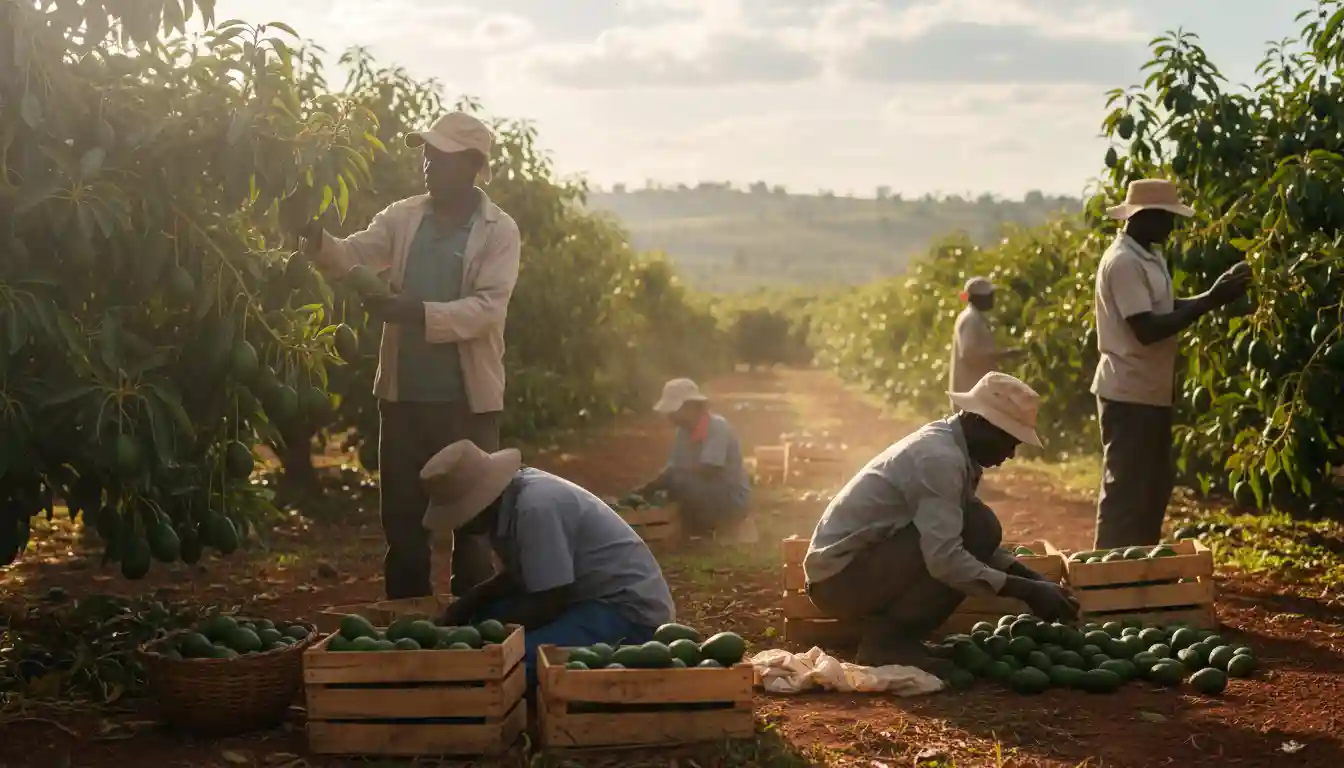 Farm workers carefully picking and grading Hass avocados into crates