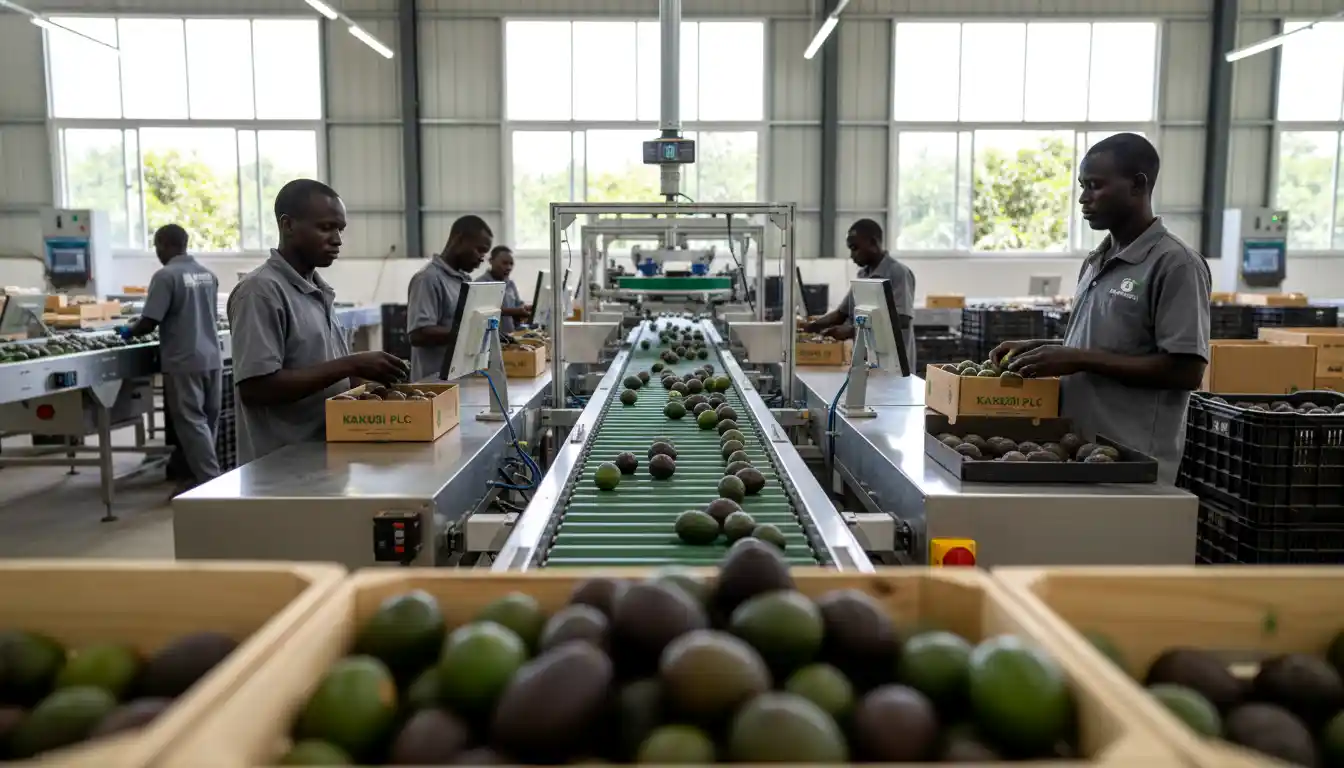 A modern avocado packing facility with automated sorting conveyors