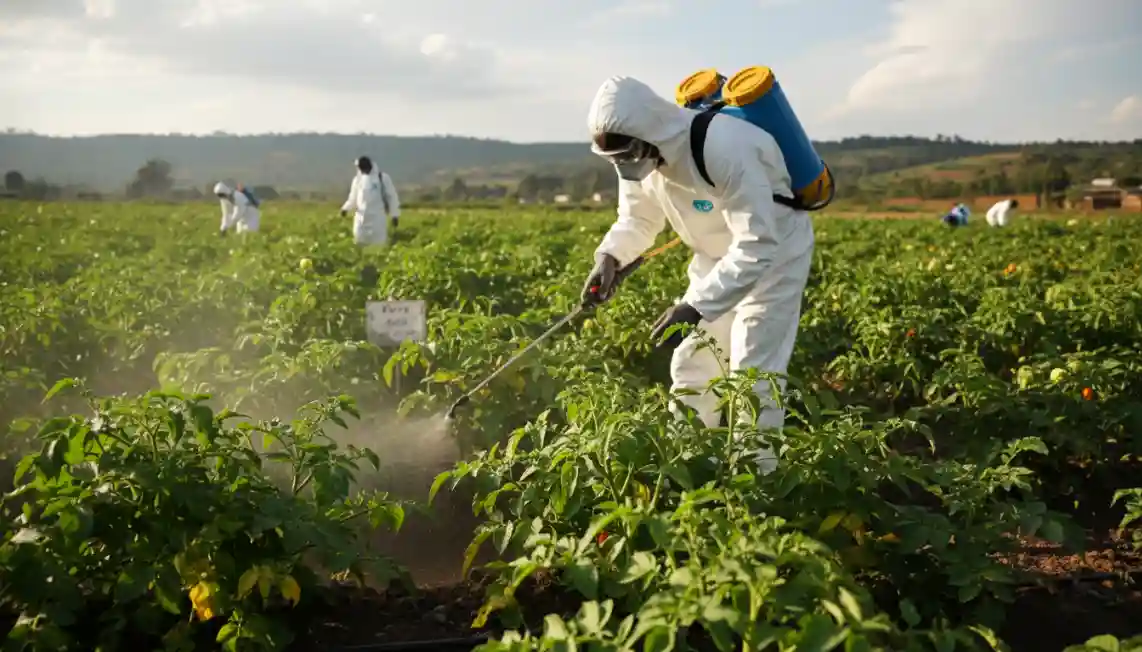 A farm worker wearing protective gear carefully spraying the underside of tomato leaves with a knapsack sprayer