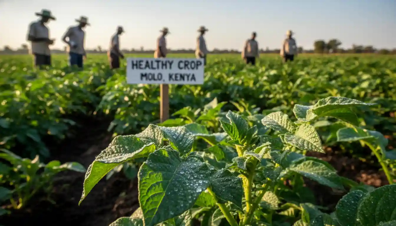 A close up shot of healthy deep green potato leaves with water droplets resting on a protective chemical residue