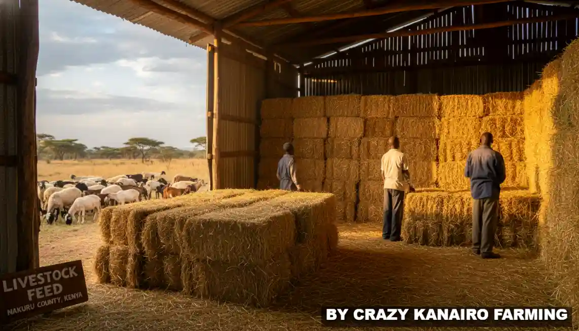 Worker stacking square bales of Boma Rhodes hay inside a dry storage shed