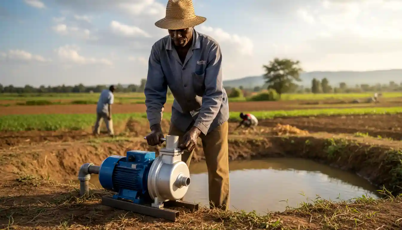 A farmer adjusting a newly installed Dayliff surface water pump next to a small reservoir