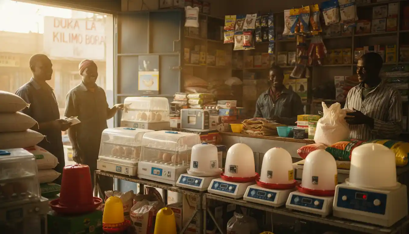 A bustling local agrovet shop in Nairobi displaying various sizes of digital egg incubators and poultry supplies.