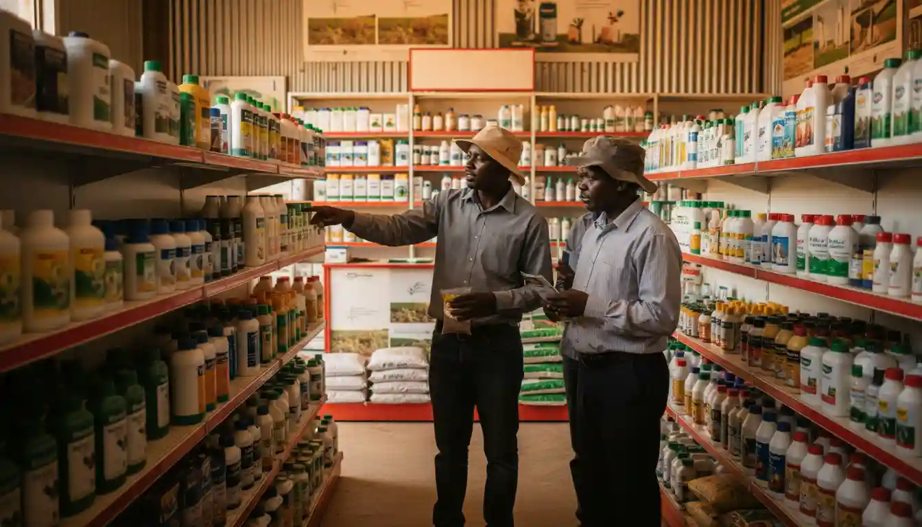 How to Find a Trusted Agrovet Near Me in Kenya (2026 Guide to Genuine Farming Inputs) 4 A well-lit agrovet store interior showing neatly arranged shelves with agricultural chemicals kept safely away from direct sunlight
