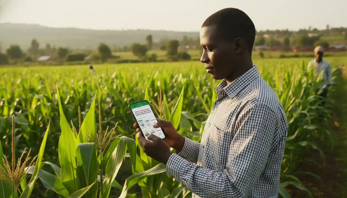 How to Find a Trusted Agrovet Near Me in Kenya (2026 Guide to Genuine Farming Inputs) 6 A young farmer scrolling through an online digital agrovet catalog on a smartphone while standing in a healthy maize field